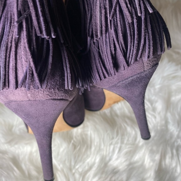 MANOLO BLAHNIK Plum Suede Fringe Peep Toe Bootie, Size 7 - Picture 6 of 10